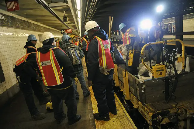 On November 7, 2012, crews work to repair circuits for pump motor controllers in the L train tunnel that were damaged by seawater during Hurricane Sandy.